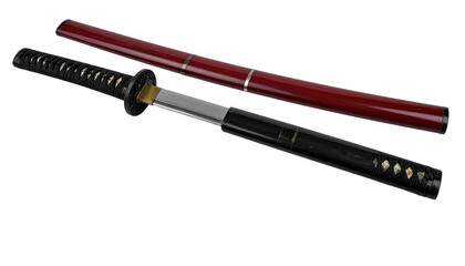 Polished katana sword in open sheath against a black background, detail