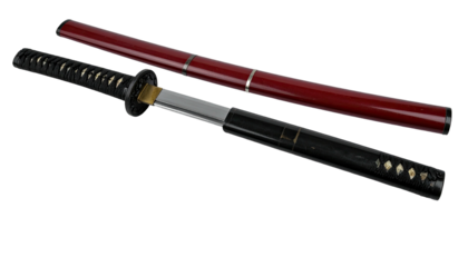 Polished katana sword in open sheath against a black background, detail