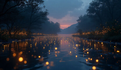 Fireflies Over River at Twilight