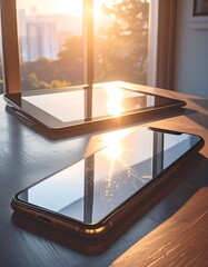 Digital devices on a wooden table illuminated by a sunrise