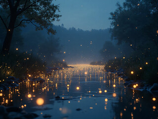 Fireflies Over River at Twilight