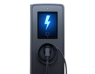 Electric vehicle charging station with illuminated lightning bolt on screen