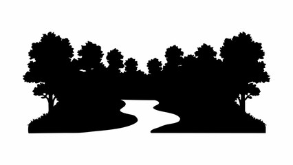 Fototapeta premium Serene forest silhouette with winding river, a peaceful nature scene perfect for design and branding