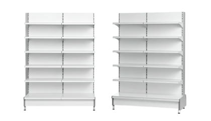 Two white, empty display shelves set against a black background. Side view, straight on
