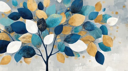 A vibrant abstract artwork depicting a tree with blue, gold, and white leaves set against a textured gray background.