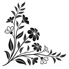 Black silhouette of a floral corner design with multiple flowers and leaves on a white background