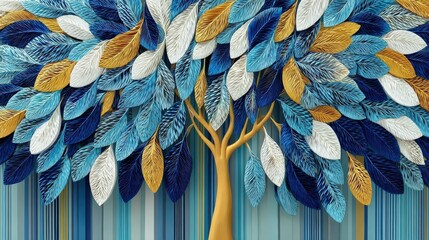 A vibrant tree design with colorful leaves in shades of blue, white, and gold, set against a striped background, creating a modern artistic aesthetic.