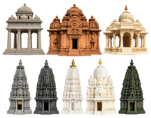 Architectural display of several ornate structures, resembling temples or monuments