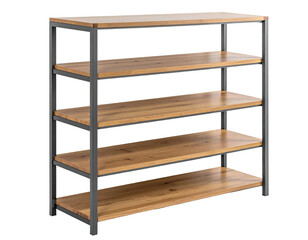 A 5-tiered wooden shelf with a metal frame, viewed in a studio setting