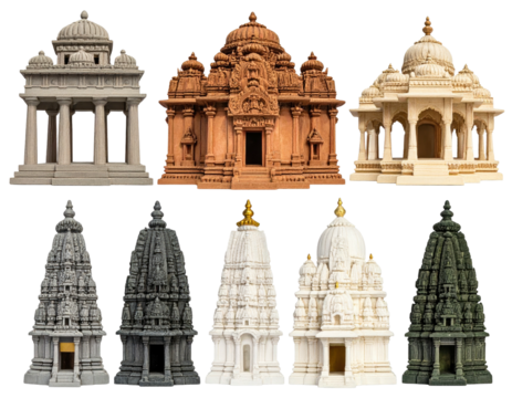Architectural display of several ornate structures, resembling temples or monuments