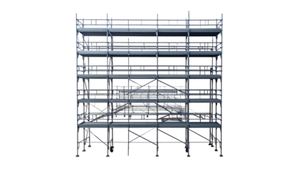 A detailed frontal view of a multi-tiered scaffolding system, gray on black