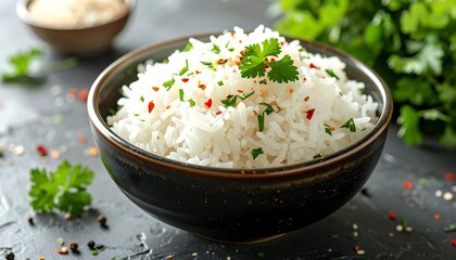 Close-up image of white rice bowl with toppings