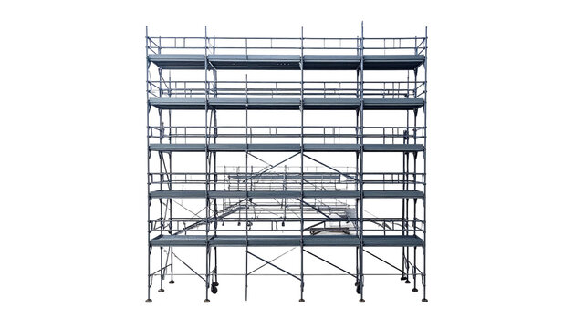 A detailed frontal view of a multi-tiered scaffolding system, gray on black
