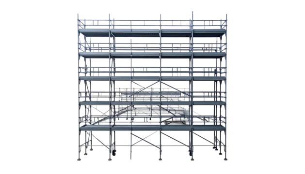 A detailed frontal view of a multi-tiered scaffolding system, gray on black