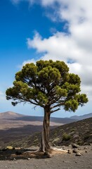 Obraz premium Lone Tree Standing Tall in Volcanic Landscape Under Blue Sky.
