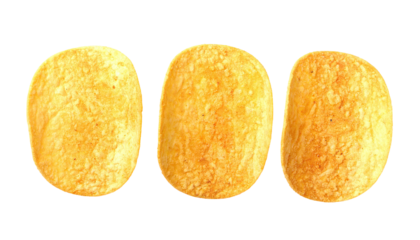 Three golden, evenly textured potato crisps on a plain black background