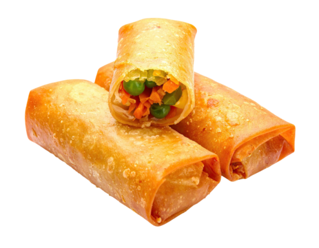 Crispy, golden-brown fried wraps, one cut open, revealing a colorful vegetable filling