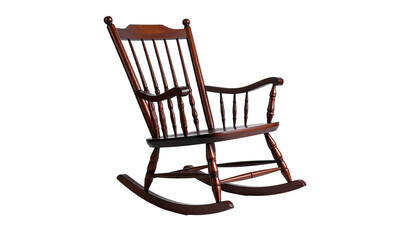A wooden, classic rocking chair with a dark brown finish, set against a black background