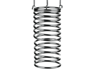 Shiny metal coil suspended against a black backdrop, showcasing its spiraling structure