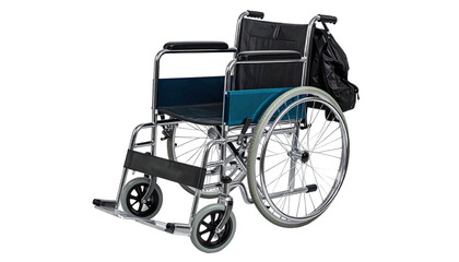A metal wheelchair with blue seat and back against a dark background with a storage bag