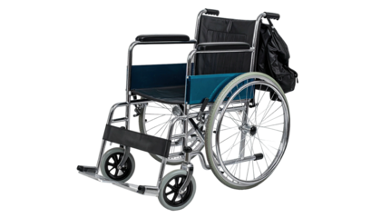 A metal wheelchair with blue seat and back against a dark background with a storage bag