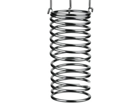 Shiny metal coil suspended against a black backdrop, showcasing its spiraling structure