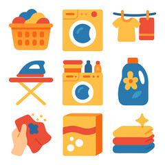 Laundry themed objects like washer, iron, and detergent. Suitable for cleaning supplies websites, household chore blog or household products ads.