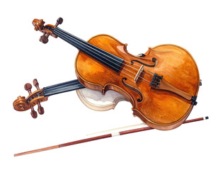 Watercolor painting of two violins and a bow, on black background