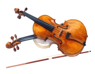 Watercolor painting of two violins and a bow, on black background