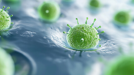 Microscopic virus cells in liquid with blue scientific background