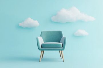 Minimal blue armchair with floating clouds and pastel wall modern interior design