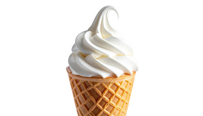 Creamy soft-serve ice cream swirled high in a waffle cone, against a dark background