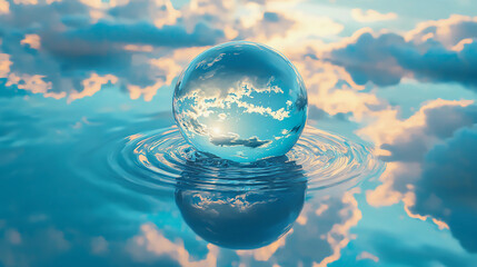 Floating transparent globe over water with sky reflection, sustainability concept.
