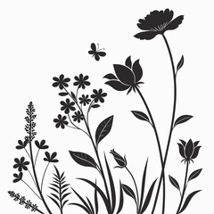 Obraz premium Black silhouette of various wildflowers and a butterfly against a white background nature floral