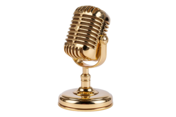 Golden retro microphone on a stand, a symbol of classic music, radio, and performance.