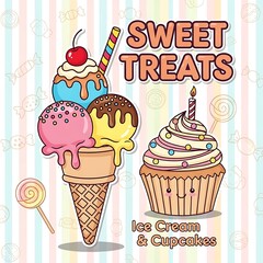 Sweet Treats - Ice Cream, Cupcakes, and Candy Illustration.