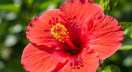 Close-up of a vibrant red hibiscus flower with a yellow center.