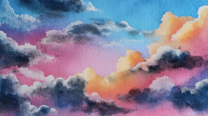 Watercolor wash sky with ink clouds