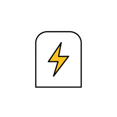 Yellow lightning bolt icon in rounded rectangular frame. Represents electric power, energy, rapid charging, urgent alerts. Vector graphic for digital interfaces or warning indicators