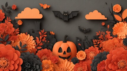 A playful Halloween 3D illustration featuring cheerful jack-o’-lanterns with glowing smiles