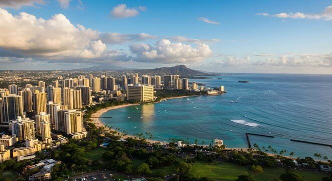 Honolulu skyline beachfront view