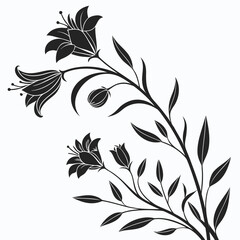 Elegant black silhouette of lily flowers and leaves on a white background Keywords: lily, flower, floral, silhouette, black, white, background, elegant, delicate, botanical, nature, plant, bloom