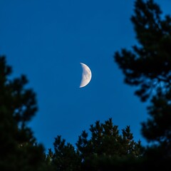 Crescent Moon Glimpse - A Night Sky Framed by Trees.