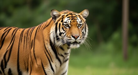 Fototapeta premium Majestic Tiger Stares Intently in Lush Green Habitat.