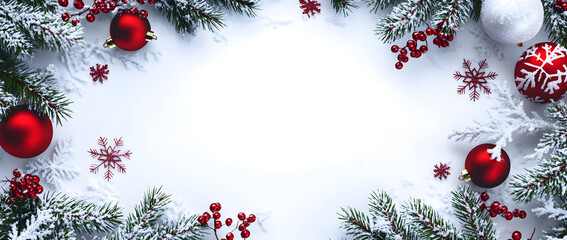 Christmas frame background with white snowflakes, red Christmas ornaments, and green pine branches on the edges of the photo.