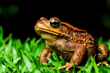 Naklejka premium Close-Up of Colorful Tropical Frog with Unique Eye Details on Green Grass Background