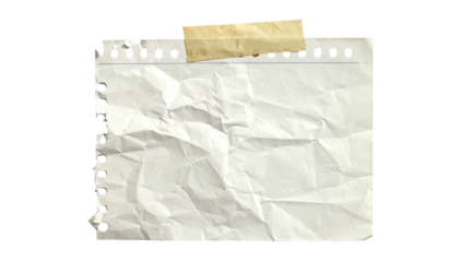Crumbled white paper sheet, torn from a spiral, taped with a tan piece of tape