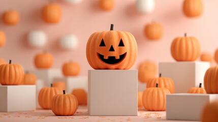 A playful Halloween 3D illustration featuring cheerful jack-o’-lanterns with glowing smiles
