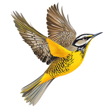 A highly detailed vector illustration of a meadowlark in flight, isolated on a white background. transparent, alpha background png