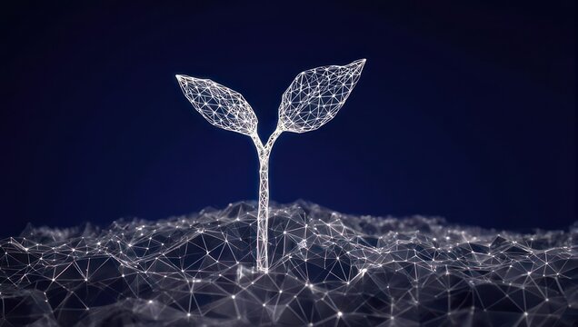 Low-poly digital illustration of a sprouting plant emerging from a textured surface, dark blue background - Powered by Adobe